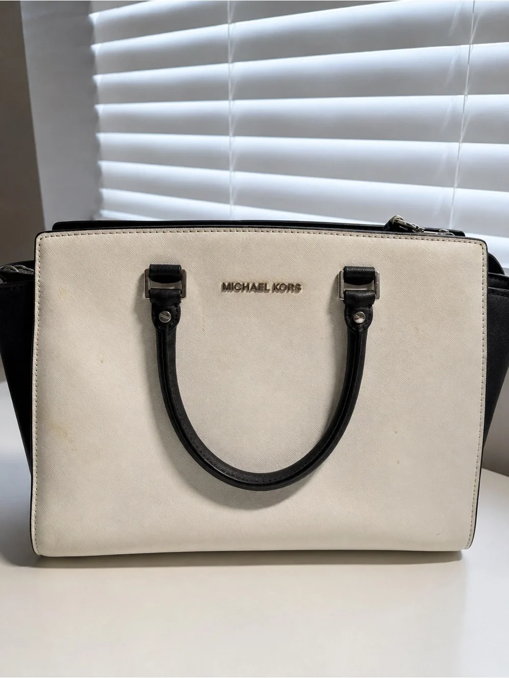 Michael Kors White & Black Saffiano Leather Satchel Shoulder Bag